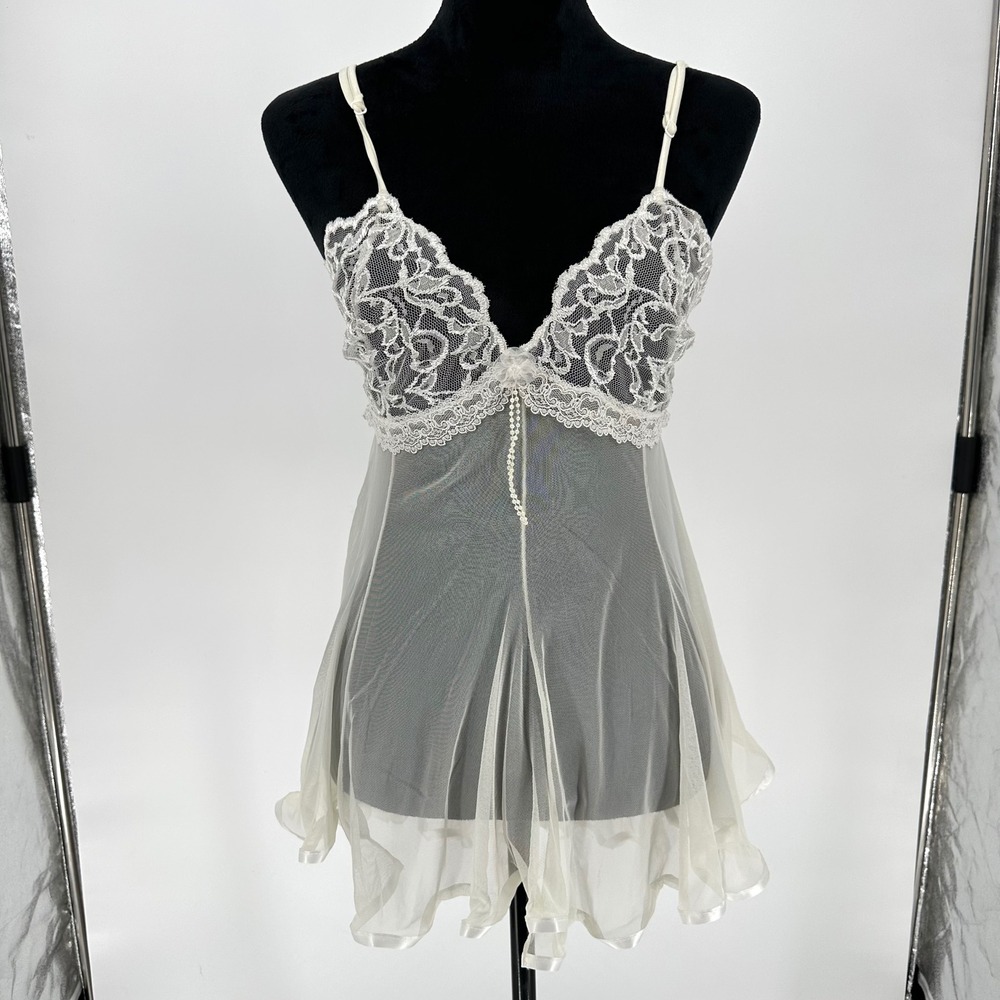Shirley Hollywood White Sheer Mesh Lace Babydoll Lingerie Top Ruffle Y2K XL